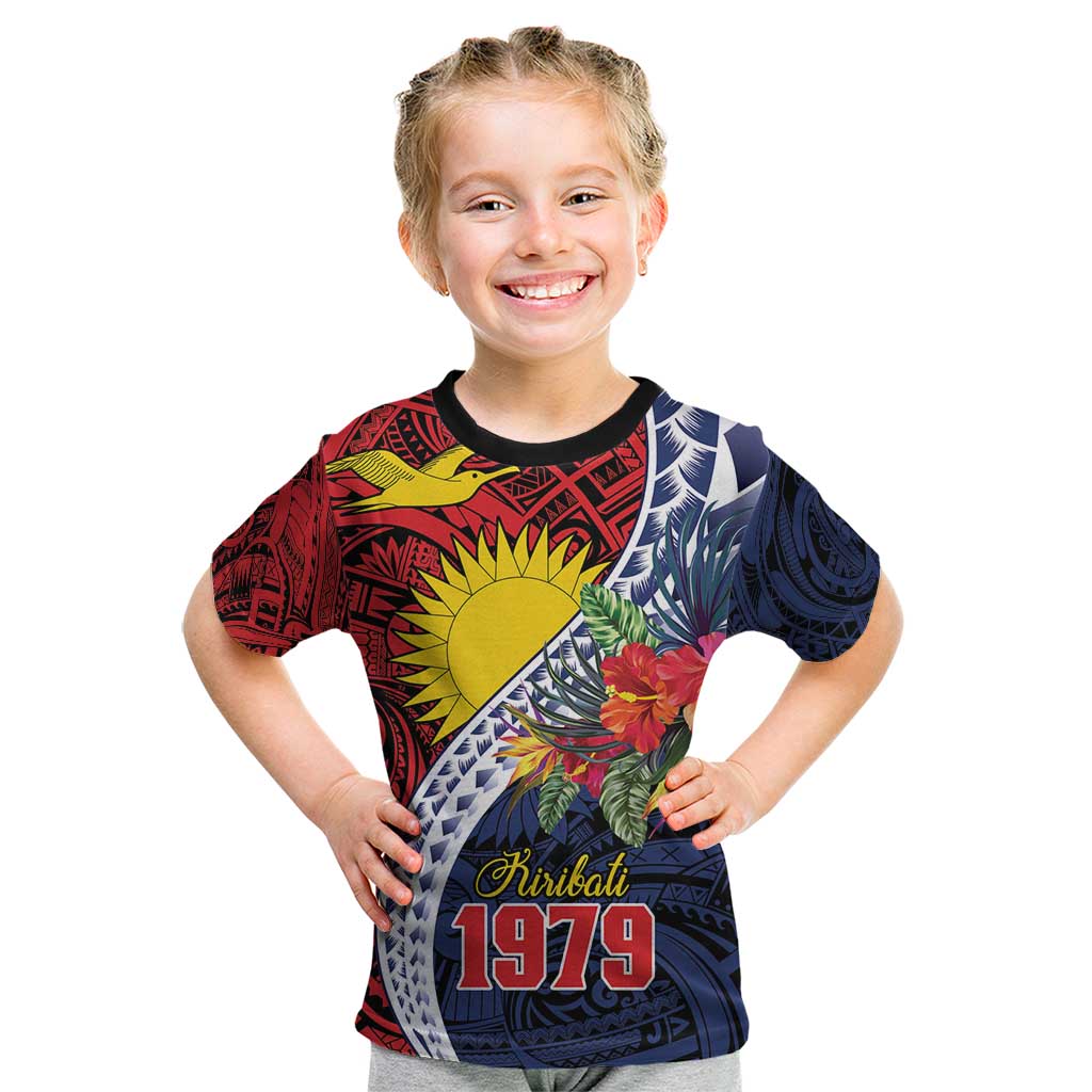 Flag of Kiribati Polynesian Pattern Kid T Shirt Est 1979 With Tropical Flowers LT9 Red - Polynesian Pride
