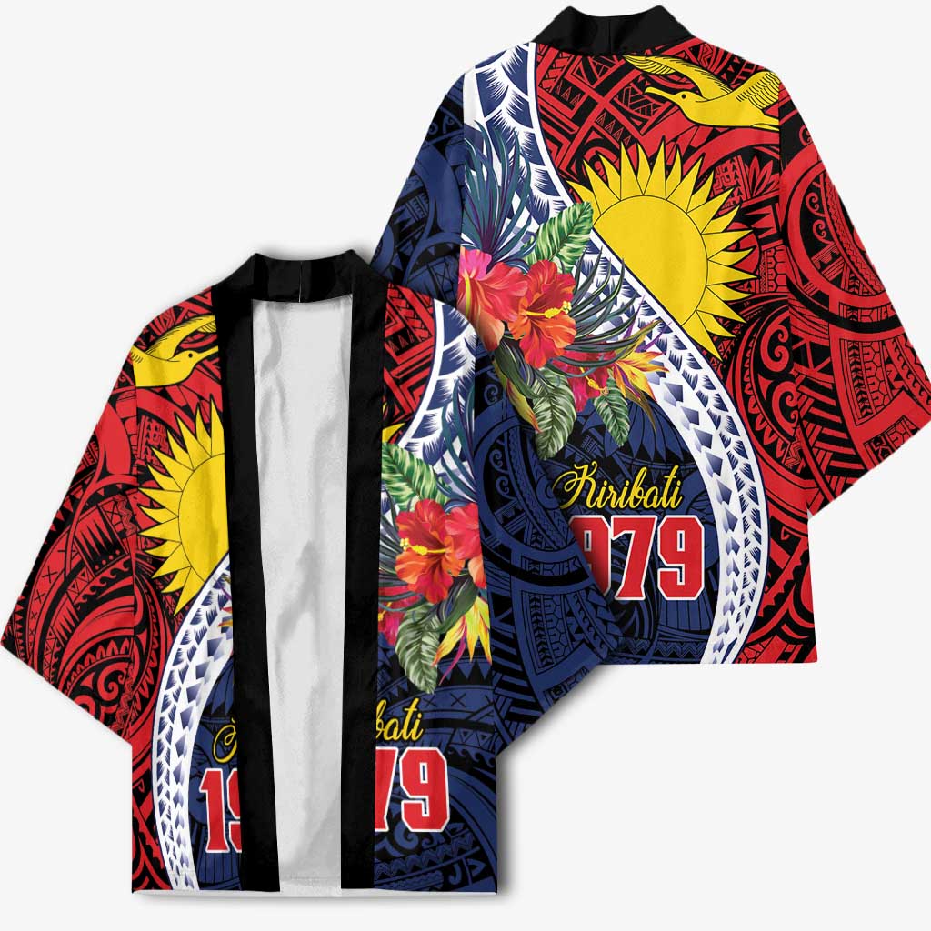 Flag of Kiribati Polynesian Pattern Kimono Est 1979 With Tropical Flowers LT9 - Polynesian Pride
