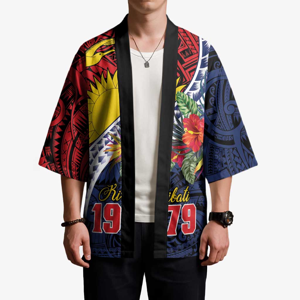 Flag of Kiribati Polynesian Pattern Kimono Est 1979 With Tropical Flowers LT9 - Polynesian Pride