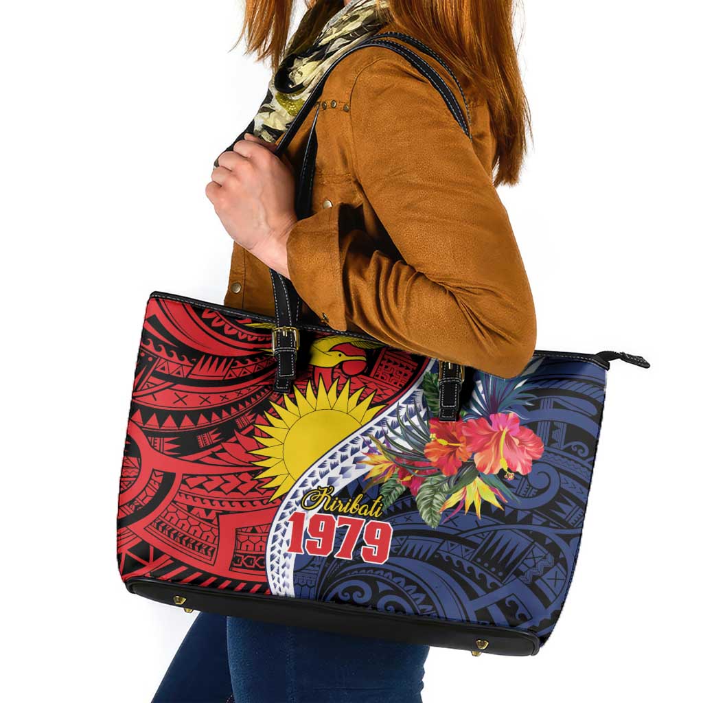 Flag of Kiribati Polynesian Pattern Leather Tote Bag Est 1979 With Tropical Flowers LT9 Red - Polynesian Pride