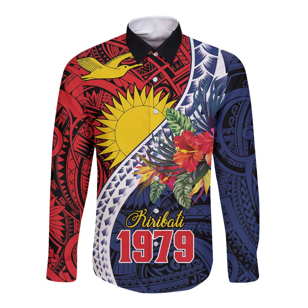Flag of Kiribati Polynesian Pattern Long Sleeve Button Shirt Est 1979 With Tropical Flowers LT9 Unisex Red - Polynesian Pride