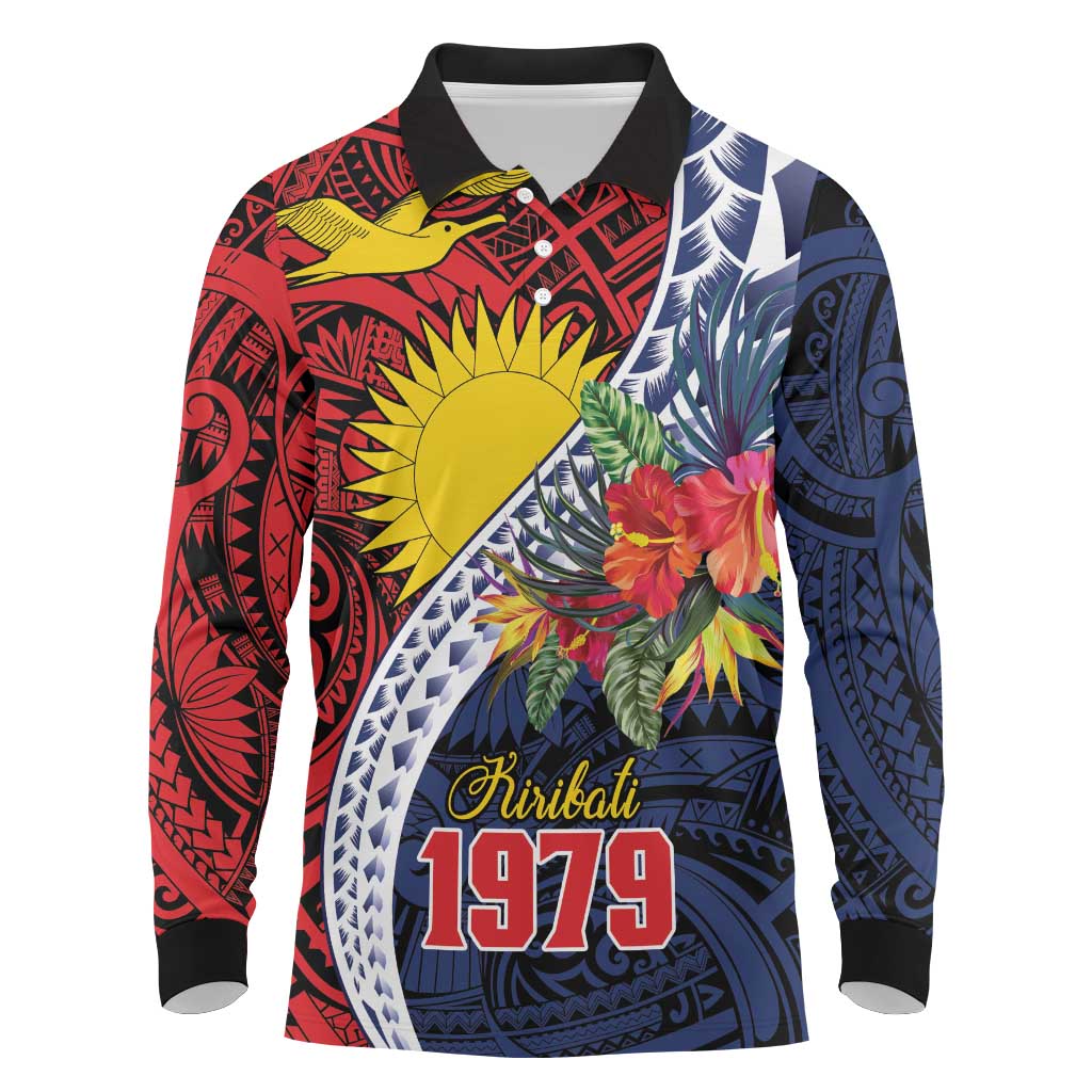 Flag of Kiribati Polynesian Pattern Long Sleeve Polo Shirt Est 1979 With Tropical Flowers LT9 Red - Polynesian Pride