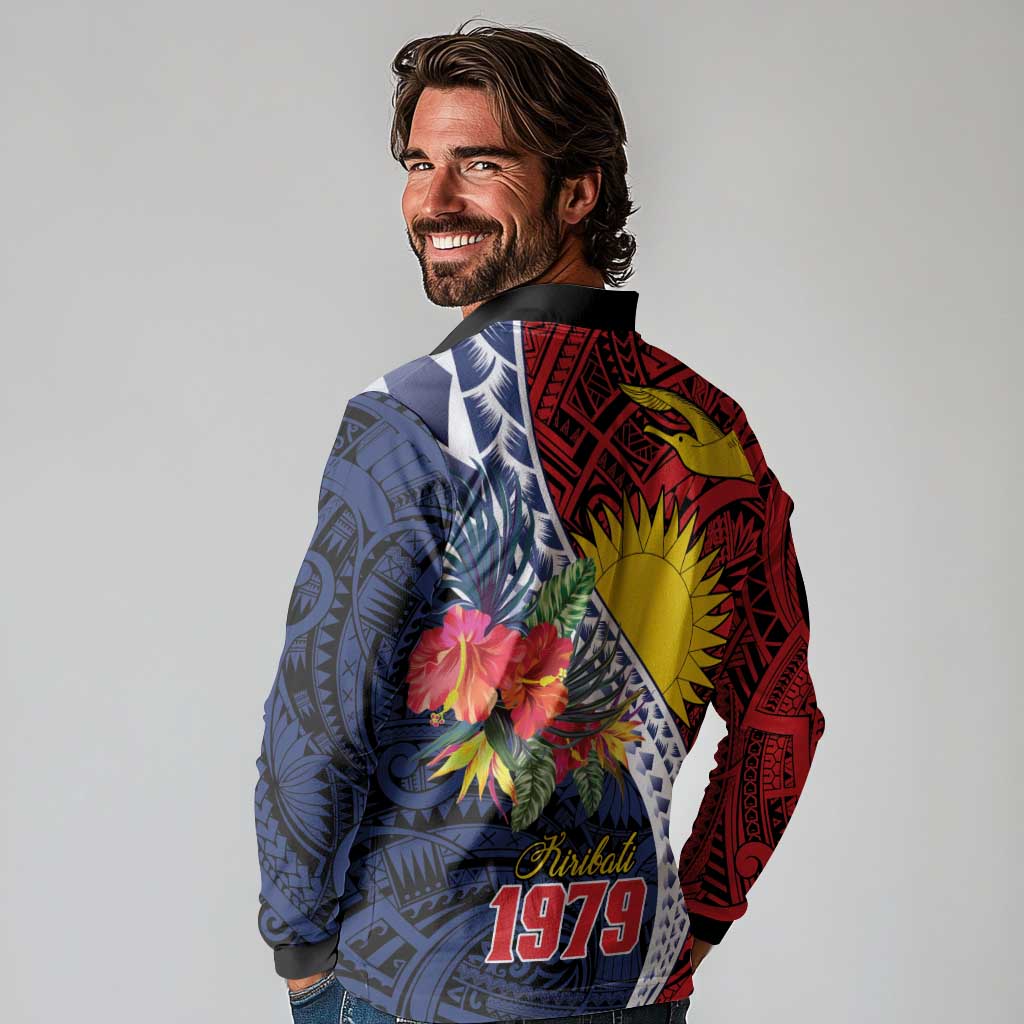 Flag of Kiribati Polynesian Pattern Long Sleeve Polo Shirt Est 1979 With Tropical Flowers
