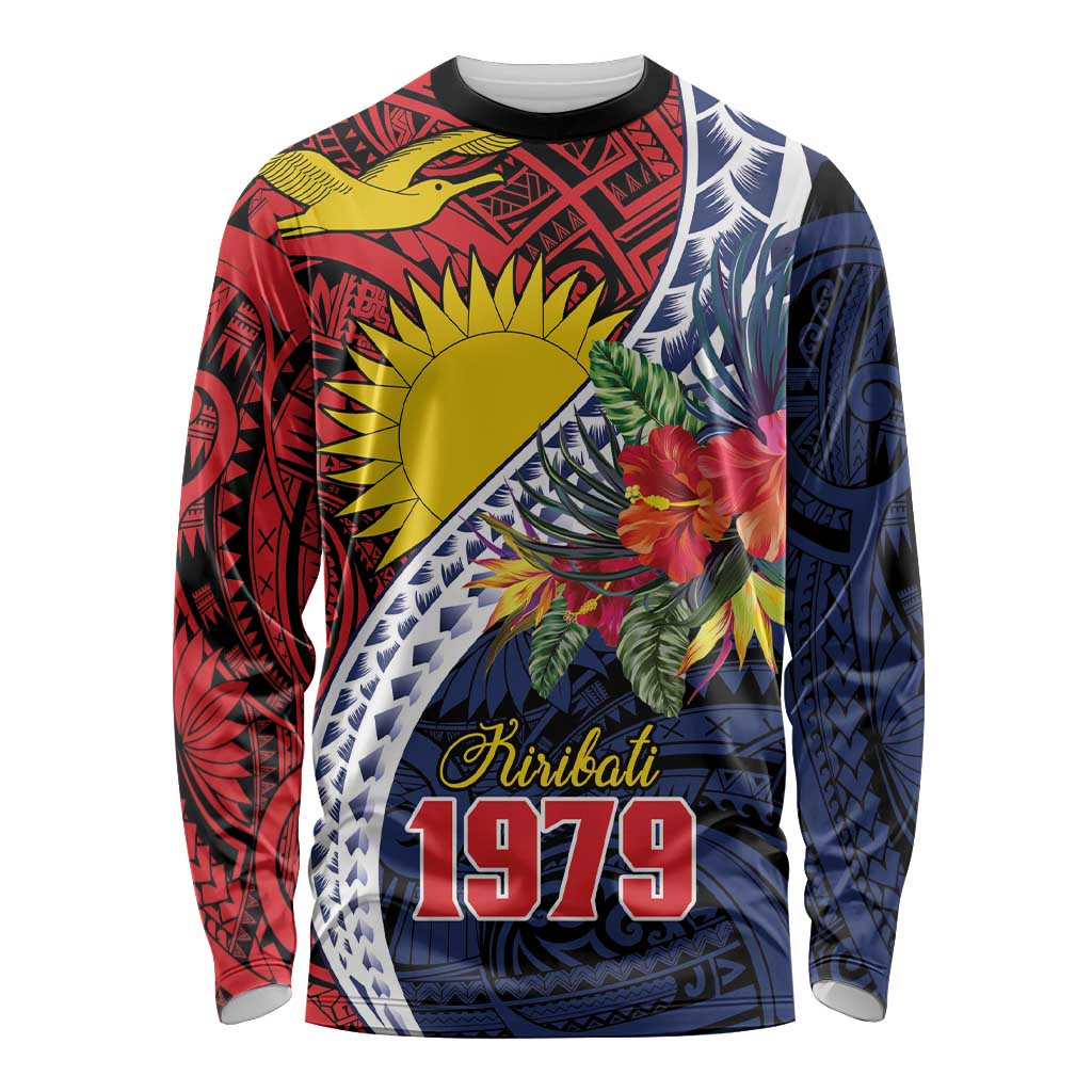 Flag of Kiribati Polynesian Pattern Long Sleeve Shirt Est 1979 With Tropical Flowers LT9 Unisex Red - Polynesian Pride