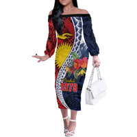 Flag of Kiribati Polynesian Pattern Off The Shoulder Long Sleeve Dress Est 1979 With Tropical Flowers LT9 Women Red - Polynesian Pride