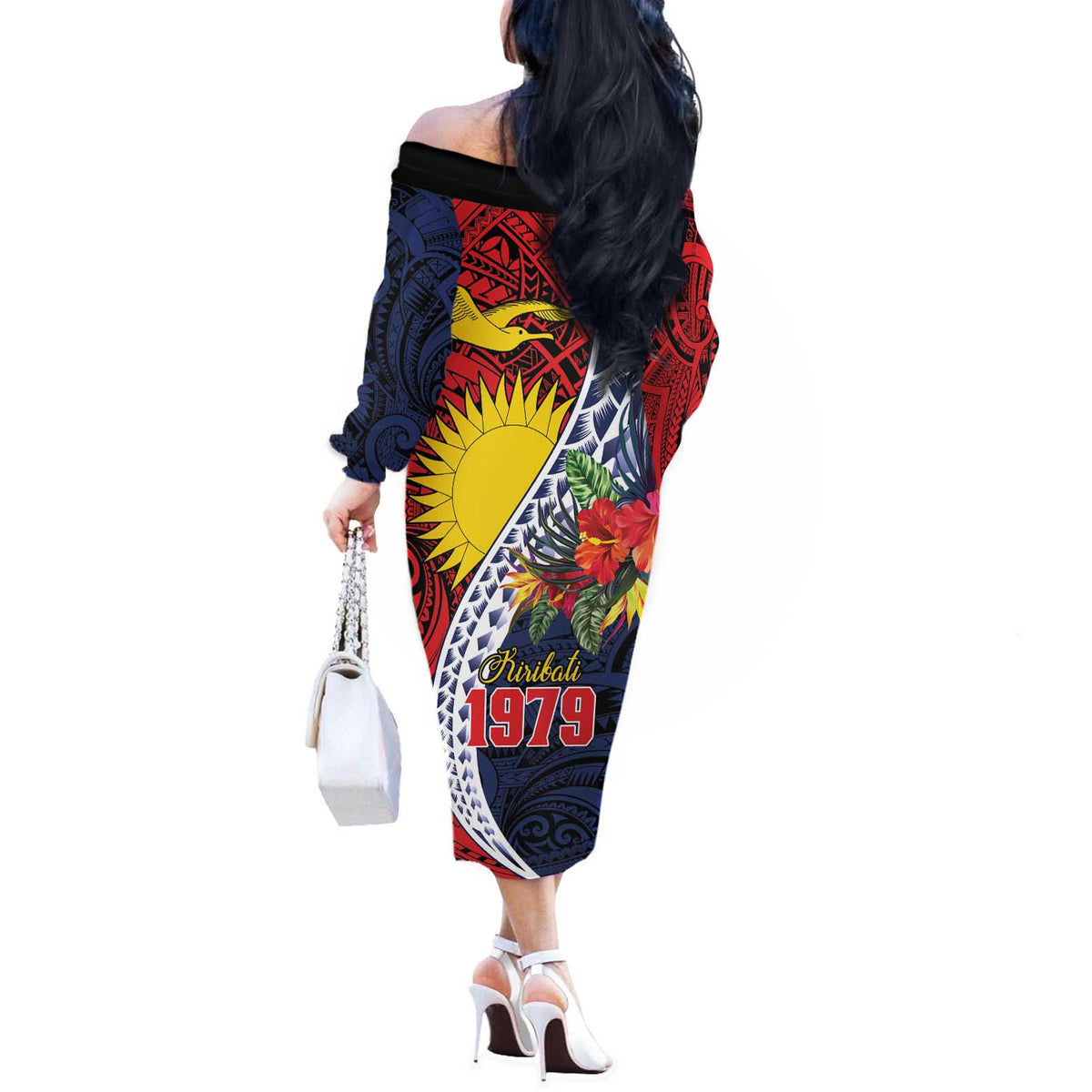 Flag of Kiribati Polynesian Pattern Off The Shoulder Long Sleeve Dress Est 1979 With Tropical Flowers LT9 - Polynesian Pride