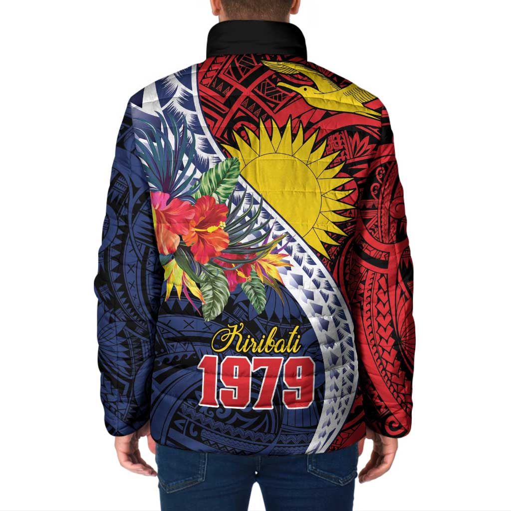 Flag of Kiribati Polynesian Pattern Padded Jacket Est 1979 With Tropical Flowers LT9 - Polynesian Pride