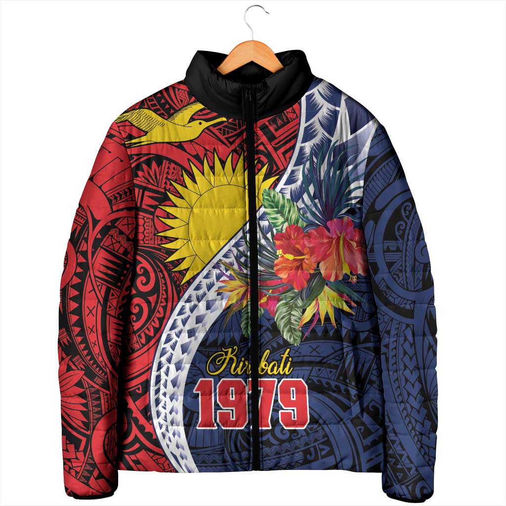 Flag of Kiribati Polynesian Pattern Padded Jacket Est 1979 With Tropical Flowers LT9 - Polynesian Pride