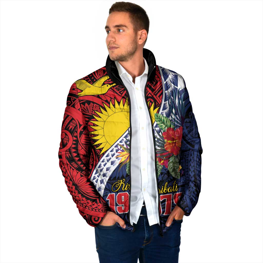 Flag of Kiribati Polynesian Pattern Padded Jacket Est 1979 With Tropical Flowers LT9 - Polynesian Pride