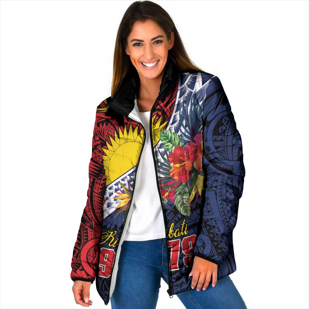 Flag of Kiribati Polynesian Pattern Padded Jacket Est 1979 With Tropical Flowers LT9 Women Red - Polynesian Pride