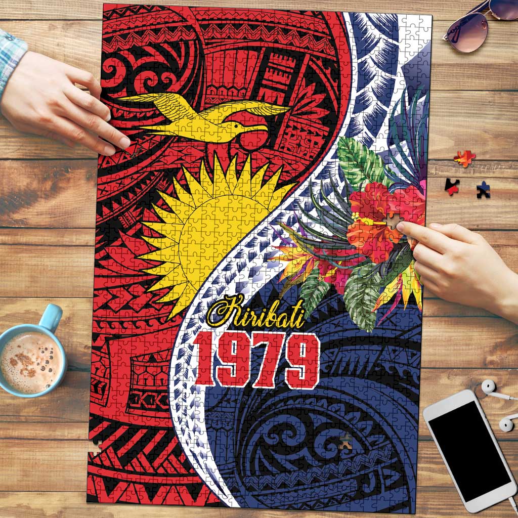 Flag of Kiribati Polynesian Pattern Puzzle Est 1979 With Tropical Flowers LT9 Red - Polynesian Pride