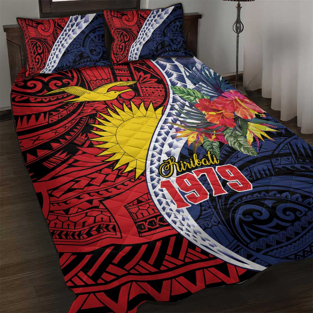 Flag of Kiribati Polynesian Pattern Quilt Bed Set Est 1979 With Tropical Flowers LT9 Red - Polynesian Pride