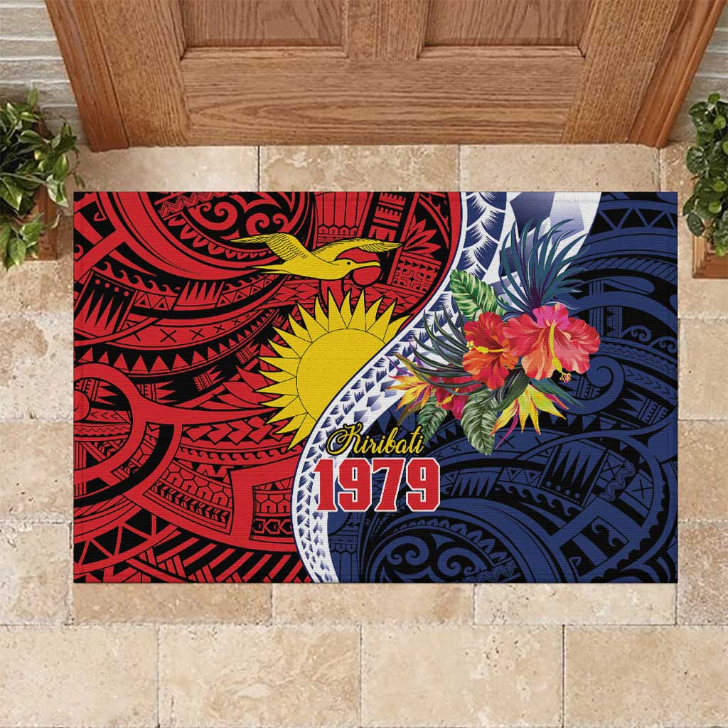 Flag of Kiribati Polynesian Pattern Rubber Doormat Est 1979 With Tropical Flowers LT9 Red - Polynesian Pride