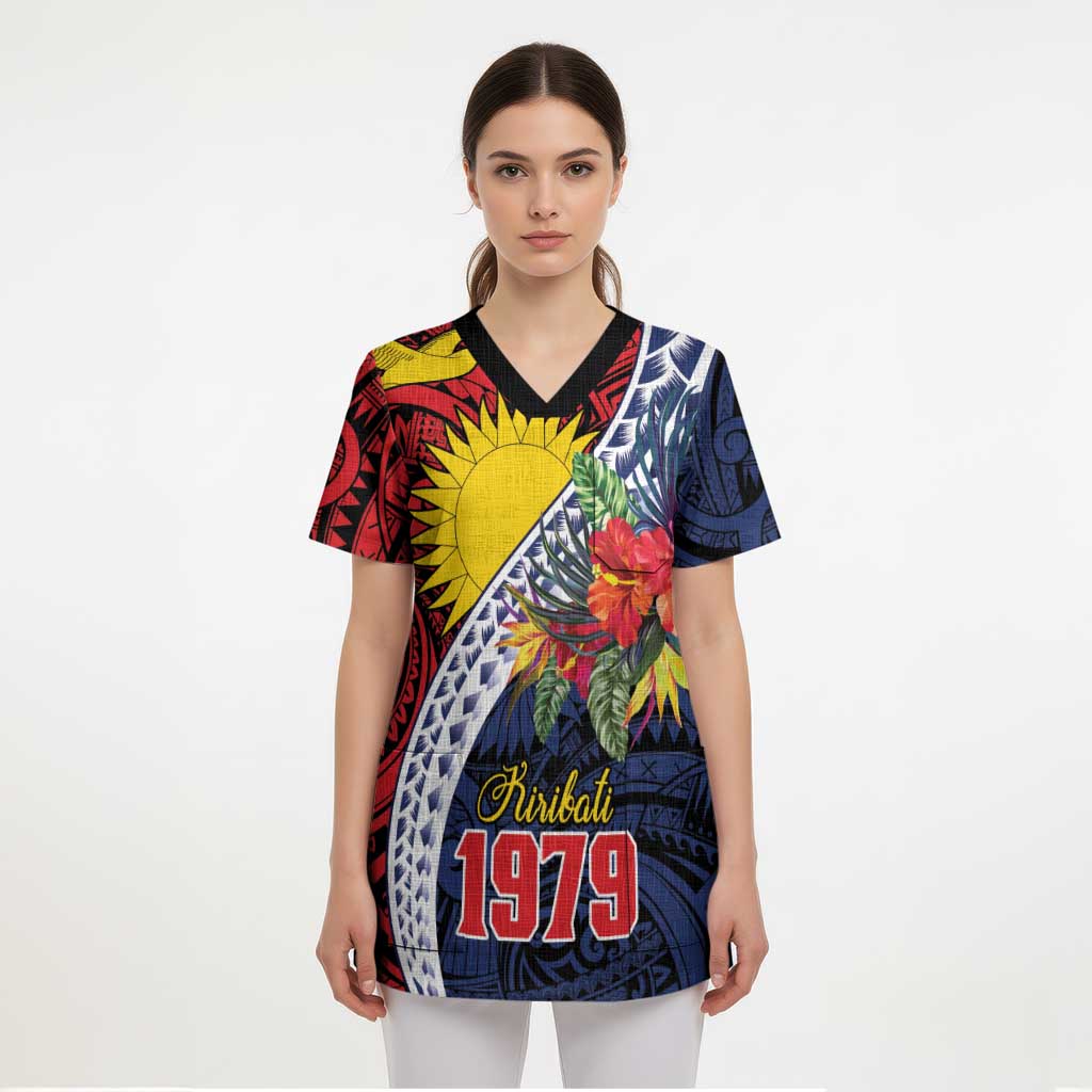 Flag of Kiribati Polynesian Pattern Scrub Top Est 1979 With Tropical Flowers - Polynesian Pride
