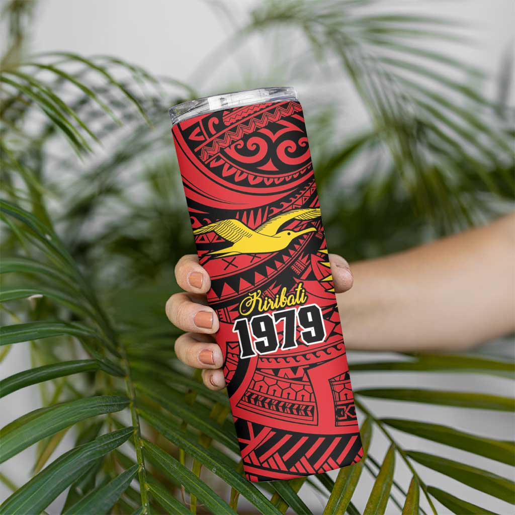 Flag of Kiribati Polynesian Pattern Skinny Tumbler Est 1979 With Tropical Flowers