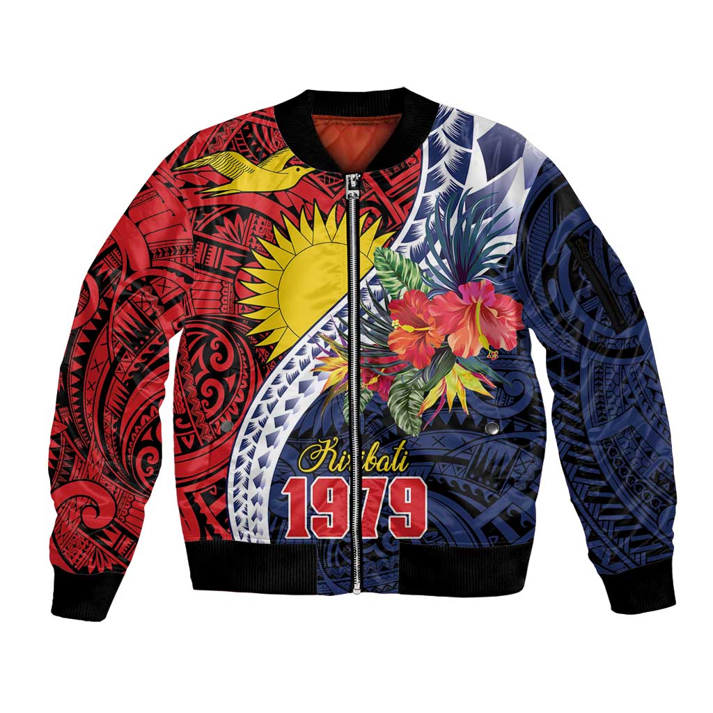 Flag of Kiribati Polynesian Pattern Sleeve Zip Bomber Jacket Est 1979 With Tropical Flowers LT9 Unisex Red - Polynesian Pride
