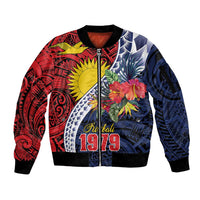 Flag of Kiribati Polynesian Pattern Sleeve Zip Bomber Jacket Est 1979 With Tropical Flowers LT9 Unisex Red - Polynesian Pride