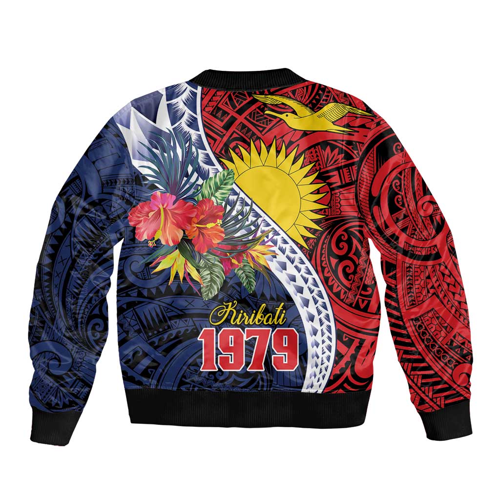 Flag of Kiribati Polynesian Pattern Sleeve Zip Bomber Jacket Est 1979 With Tropical Flowers LT9 - Polynesian Pride