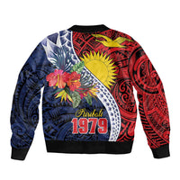 Flag of Kiribati Polynesian Pattern Sleeve Zip Bomber Jacket Est 1979 With Tropical Flowers LT9 - Polynesian Pride