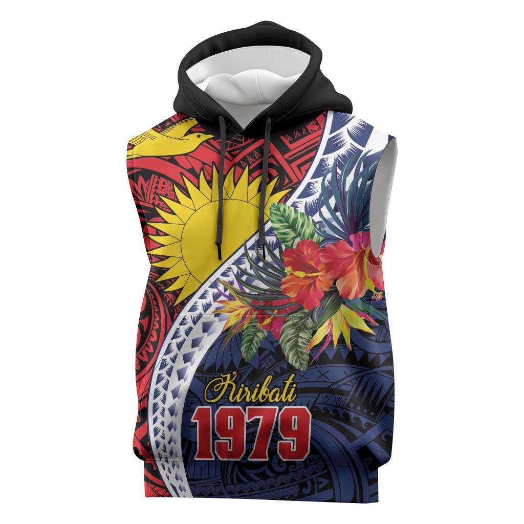 Flag of Kiribati Polynesian Pattern Sleeveless Hoodie Est 1979 With Tropical Flowers LT9 Red - Polynesian Pride
