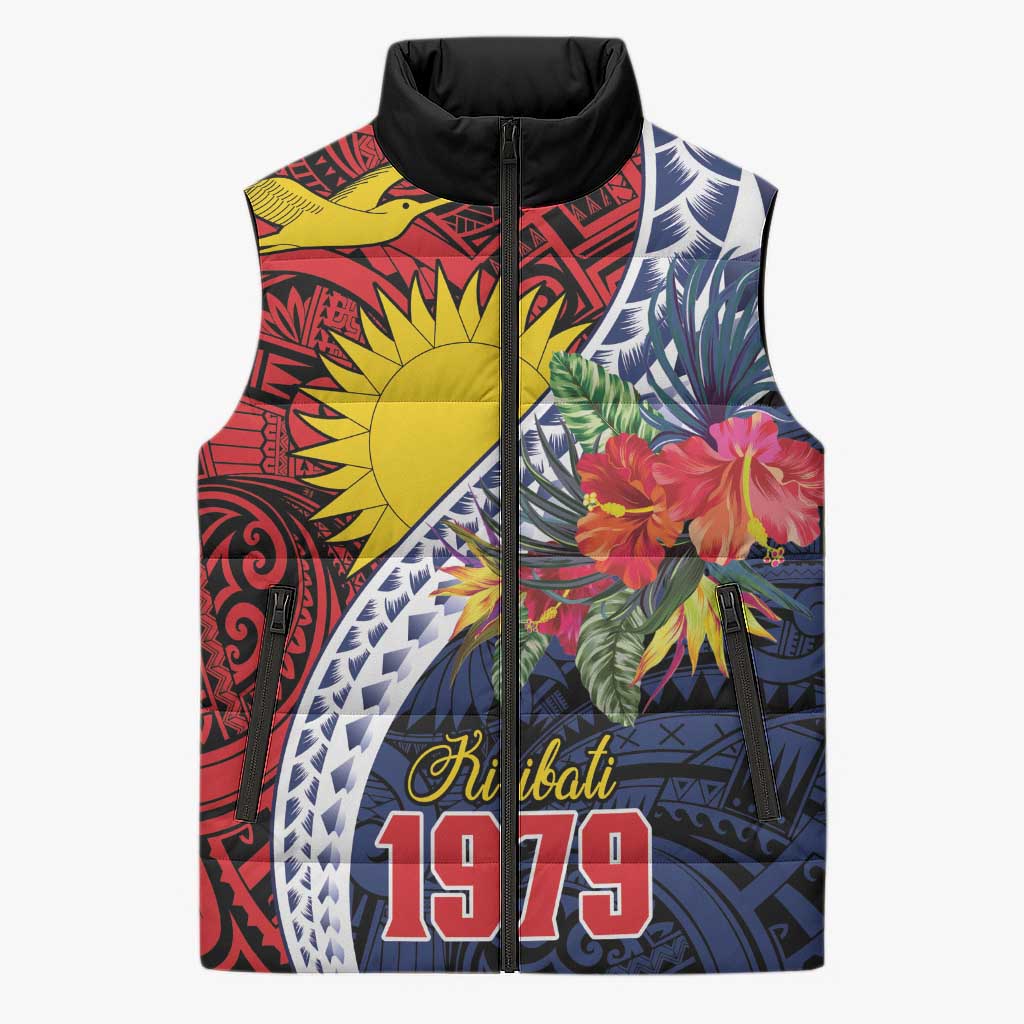 Flag of Kiribati Polynesian Pattern Sleeveless Puffer Jacket Est 1979 With Tropical Flowers LT9 Unisex Red - Polynesian Pride
