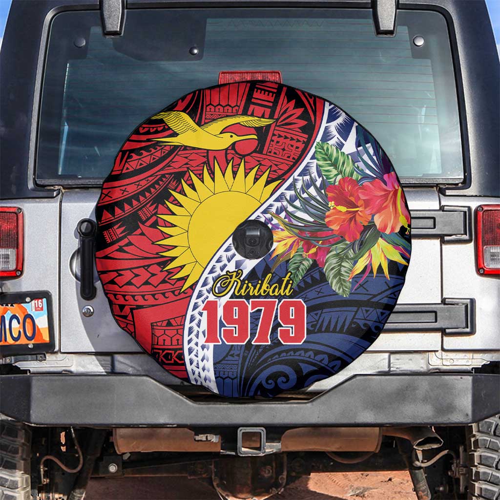 Flag of Kiribati Polynesian Pattern Spare Tire Cover Est 1979 With Tropical Flowers LT9 Red - Polynesian Pride