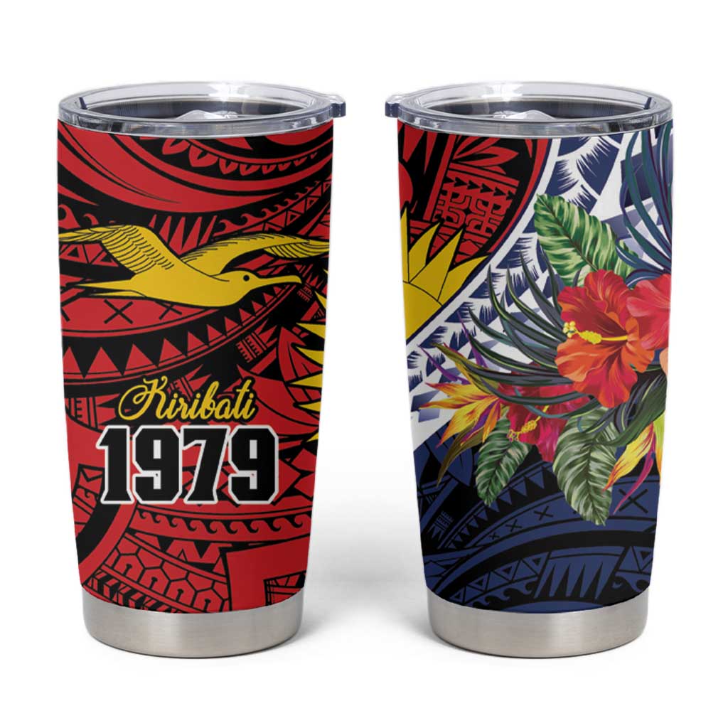 Flag of Kiribati Polynesian Pattern Tumbler Cup Est 1979 With Tropical Flowers