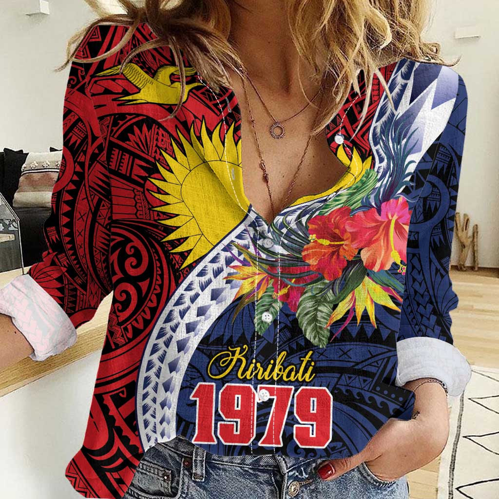 Flag of Kiribati Polynesian Pattern Women Casual Shirt Est 1979 With Tropical Flowers LT9 Female Red - Polynesian Pride