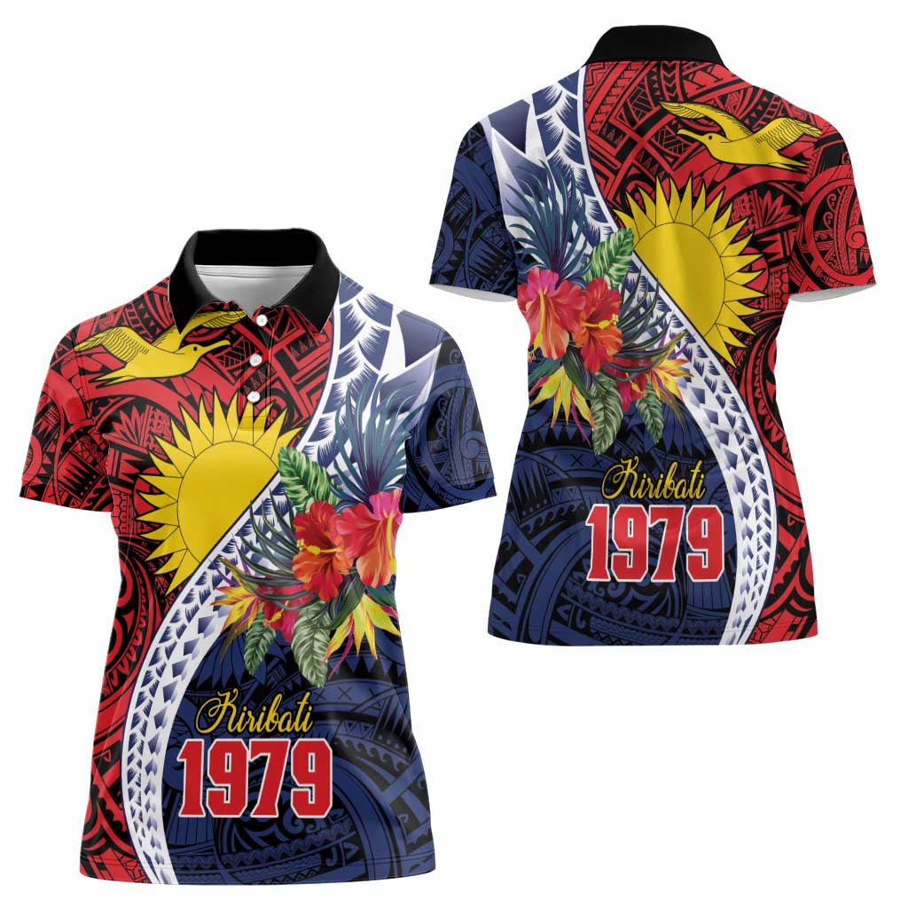 Flag of Kiribati Polynesian Pattern Women Polo Shirt Est 1979 With Tropical Flowers LT9 - Polynesian Pride