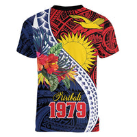 Flag of Kiribati Polynesian Pattern Women V-Neck T-Shirt Est 1979 With Tropical Flowers LT9 - Polynesian Pride