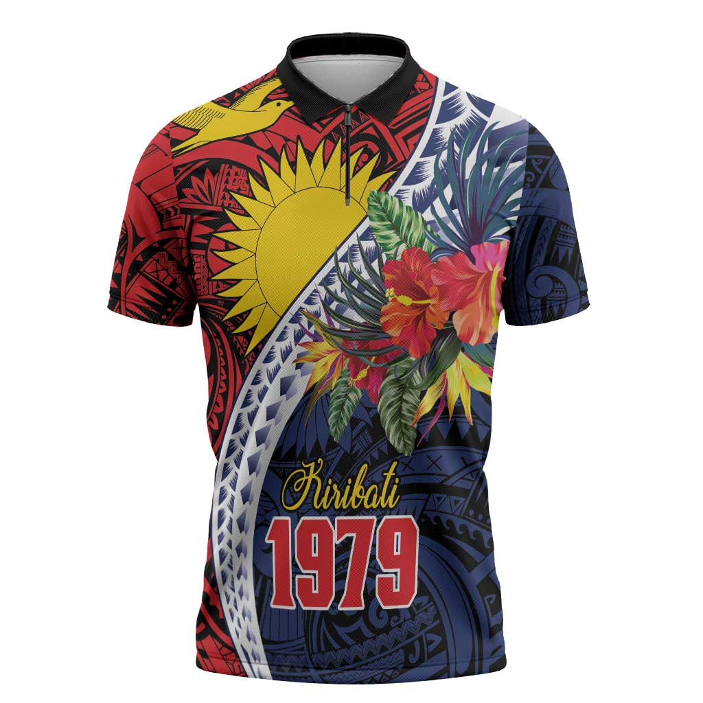Flag of Kiribati Polynesian Pattern Zipper Polo Shirt Est 1979 With Tropical Flowers LT9 Red - Polynesian Pride