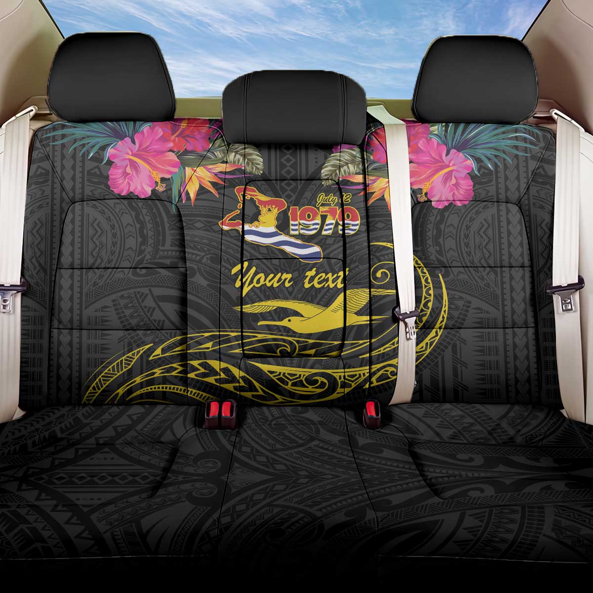 Kiribati Independence Day Personalised Back Car Seat Cover Gold Frigatebird with Polynesian Pattern LT9 One Size Black - Polynesian Pride