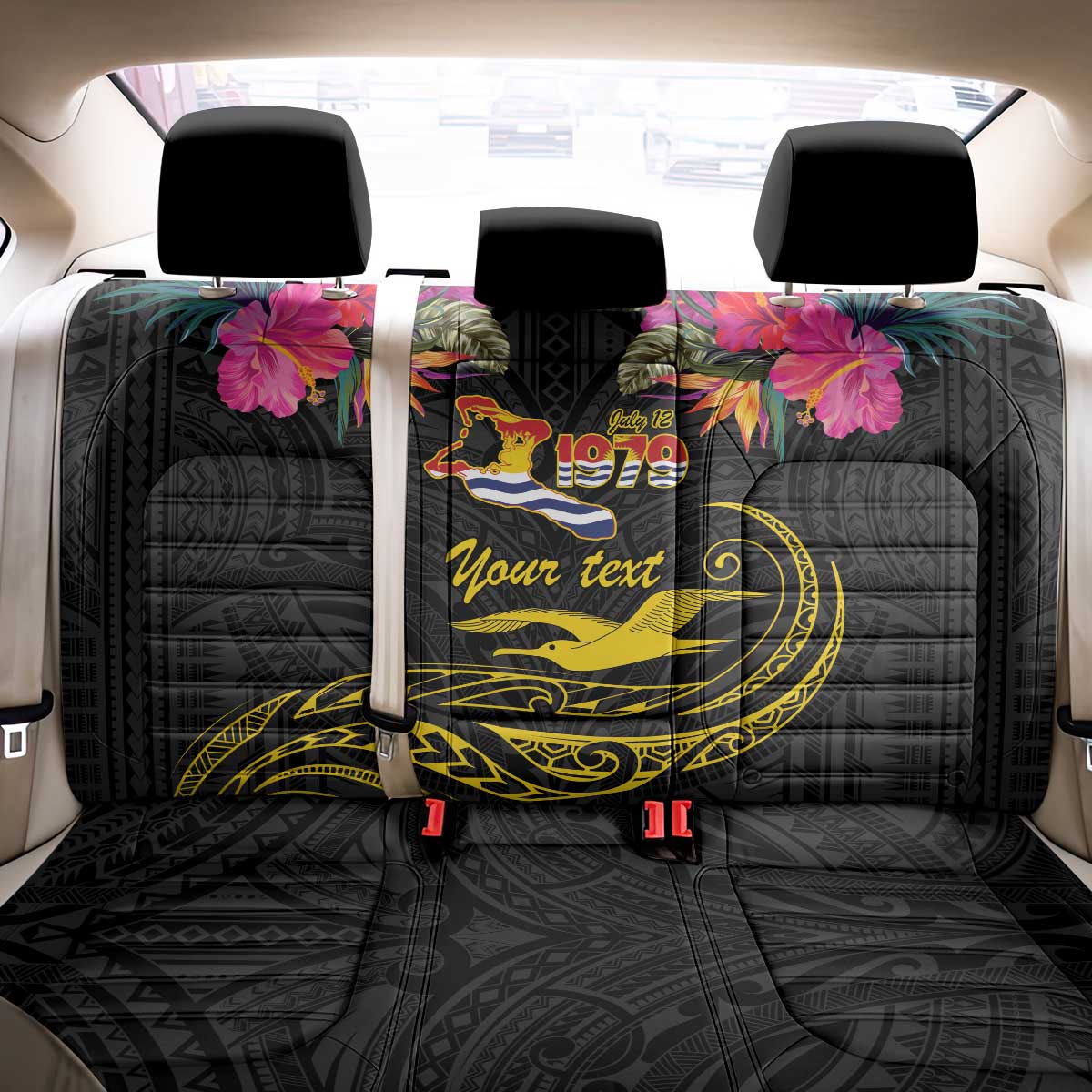 Kiribati Independence Day Personalised Back Car Seat Cover Gold Frigatebird with Polynesian Pattern LT9 - Polynesian Pride