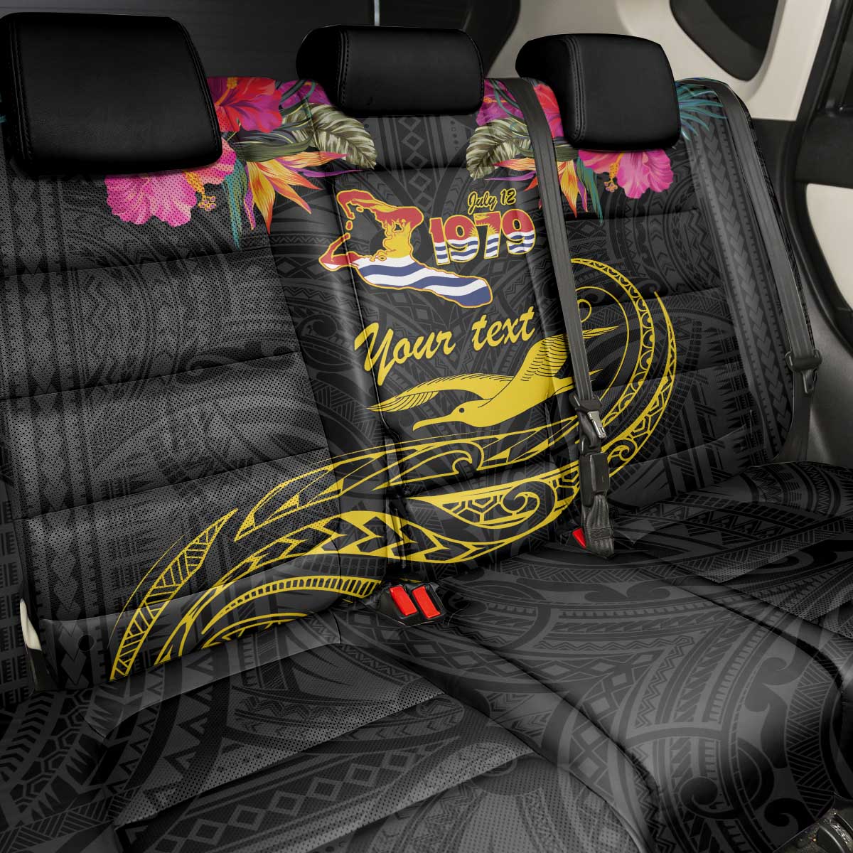 Kiribati Independence Day Personalised Back Car Seat Cover Gold Frigatebird with Polynesian Pattern LT9 - Polynesian Pride