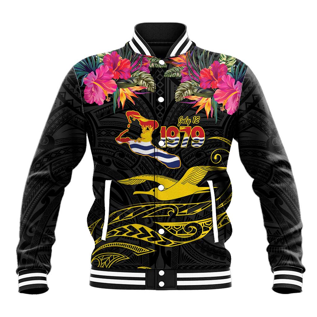Kiribati Independence Day Personalised Baseball Jacket Gold Frigatebird with Polynesian Pattern LT9 Unisex Black - Polynesian Pride