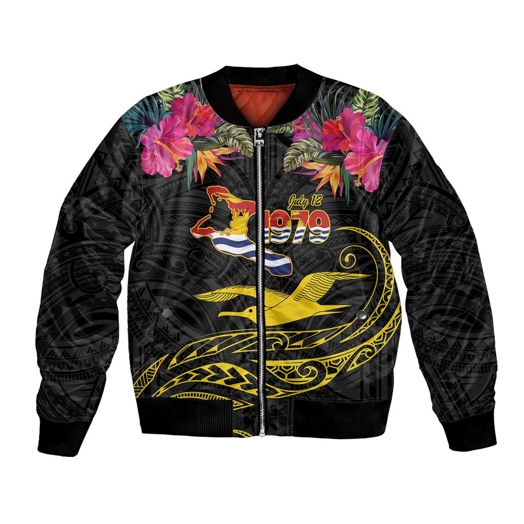 Kiribati Independence Day Personalised Bomber Jacket Gold Frigatebird with Polynesian Pattern LT9 Unisex Black - Polynesian Pride