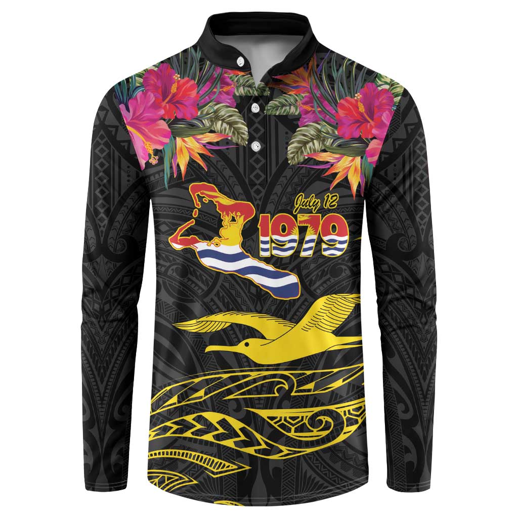 Kiribati Independence Day Personalised Button Sweatshirt Gold Frigatebird with Polynesian Pattern LT9 Black - Polynesian Pride