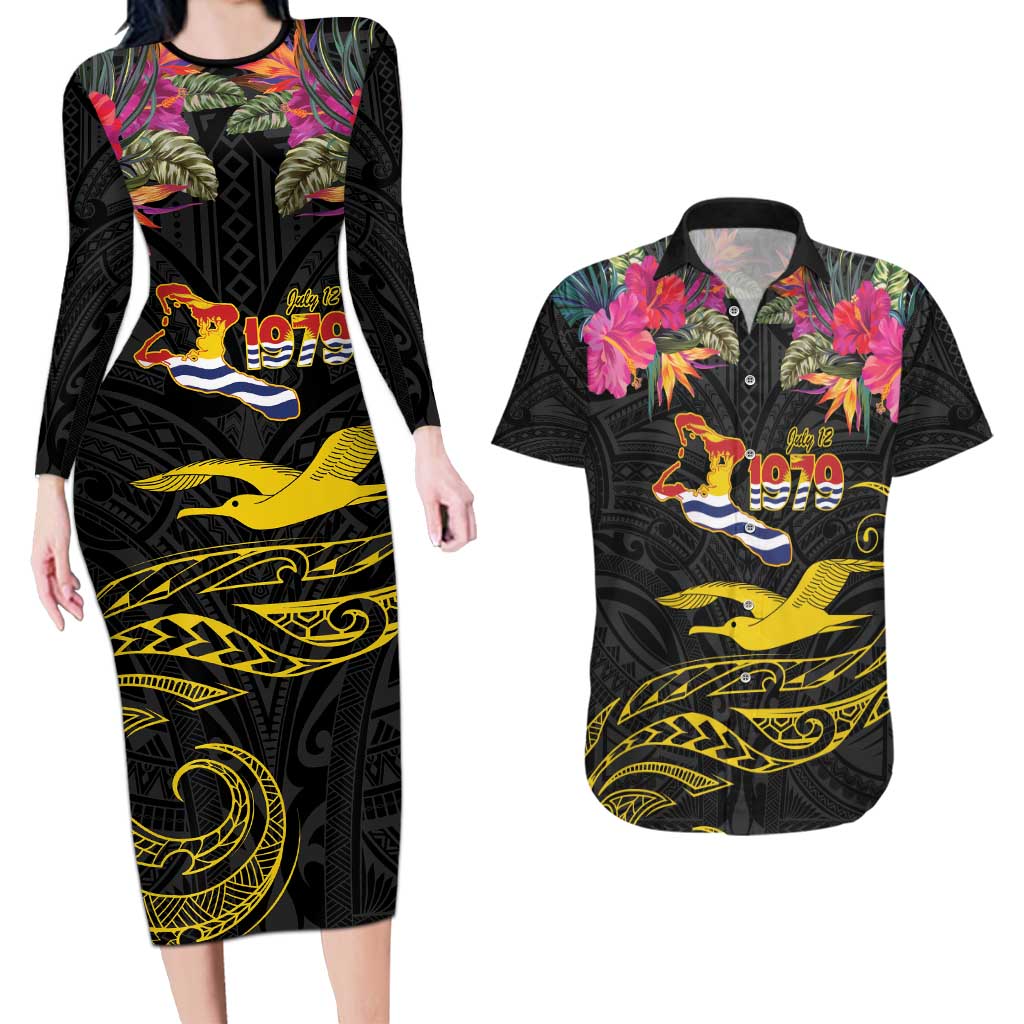 Kiribati Independence Day Personalised Couples Matching Long Sleeve Bodycon Dress and Hawaiian Shirt Gold Frigatebird with Polynesian Pattern LT9 Black - Polynesian Pride