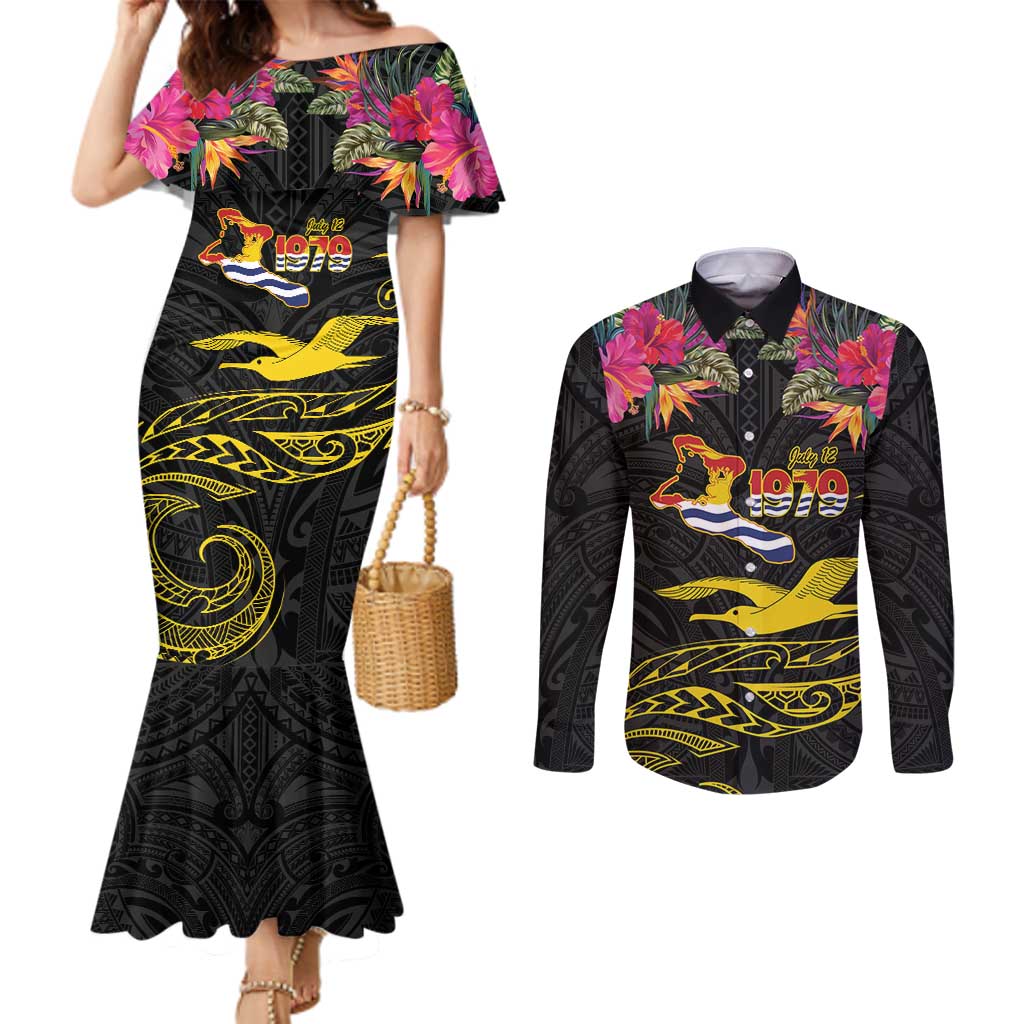 Kiribati Independence Day Personalised Couples Matching Mermaid Dress and Long Sleeve Button Shirt Gold Frigatebird with Polynesian Pattern LT9 Black - Polynesian Pride