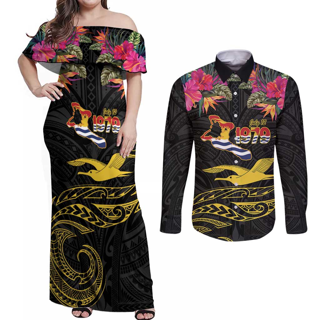 Kiribati Independence Day Personalised Couples Matching Off Shoulder Maxi Dress and Long Sleeve Button Shirt Gold Frigatebird with Polynesian Pattern LT9 Black - Polynesian Pride