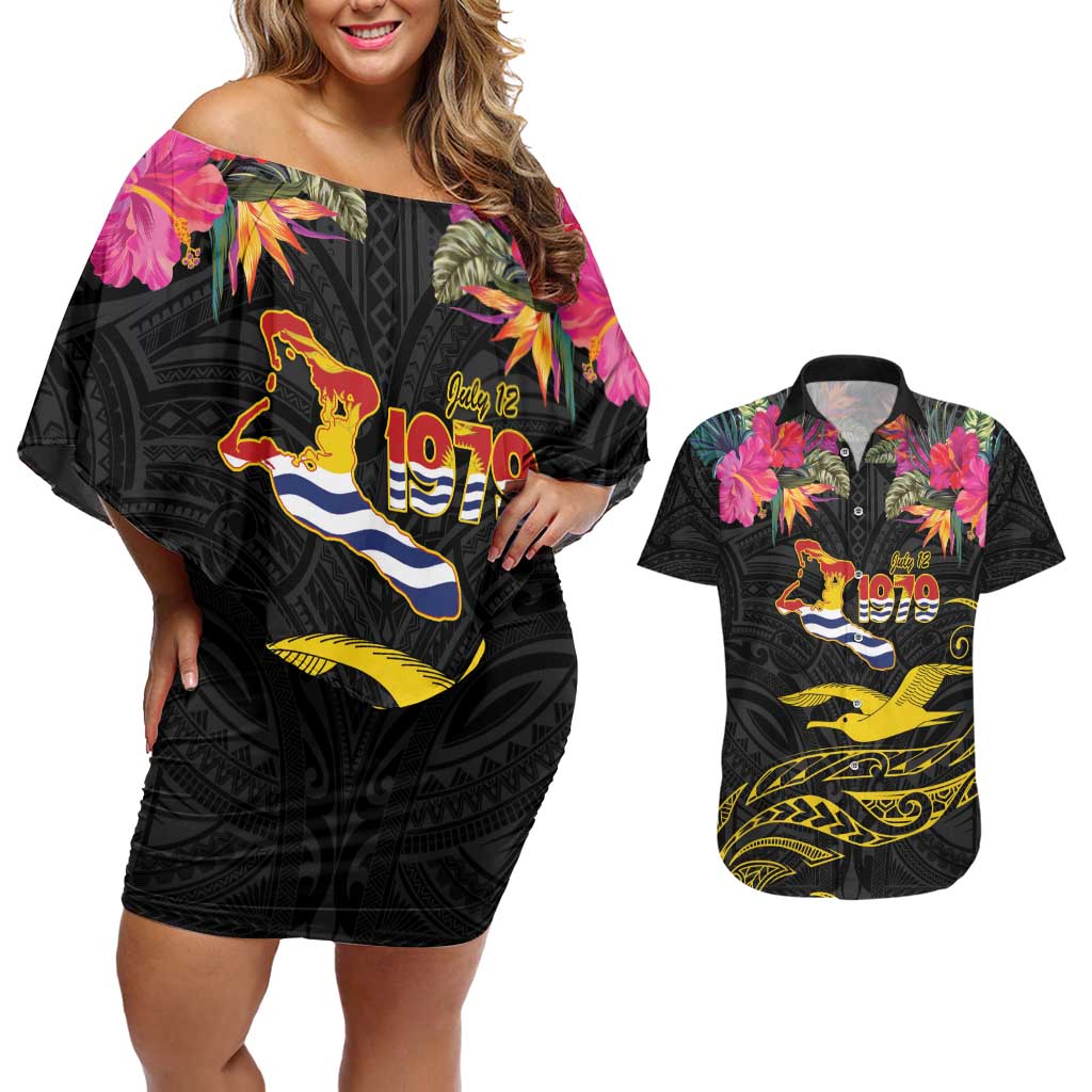 Kiribati Independence Day Personalised Couples Matching Off Shoulder Short Dress and Hawaiian Shirt Gold Frigatebird with Polynesian Pattern LT9 Black - Polynesian Pride