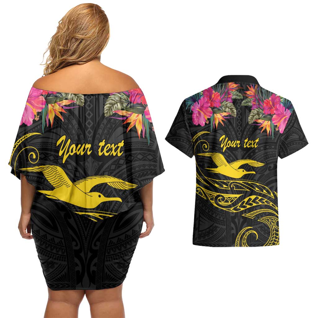 Kiribati Independence Day Personalised Couples Matching Off Shoulder Short Dress and Hawaiian Shirt Gold Frigatebird with Polynesian Pattern LT9 - Polynesian Pride