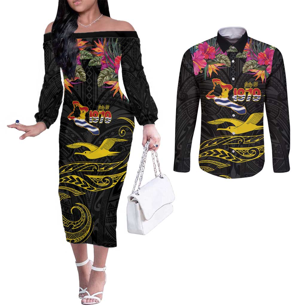 Kiribati Independence Day Personalised Couples Matching Off The Shoulder Long Sleeve Dress and Long Sleeve Button Shirt Gold Frigatebird with Polynesian Pattern LT9 Black - Polynesian Pride