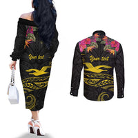 Kiribati Independence Day Personalised Couples Matching Off The Shoulder Long Sleeve Dress and Long Sleeve Button Shirt Gold Frigatebird with Polynesian Pattern LT9 - Polynesian Pride