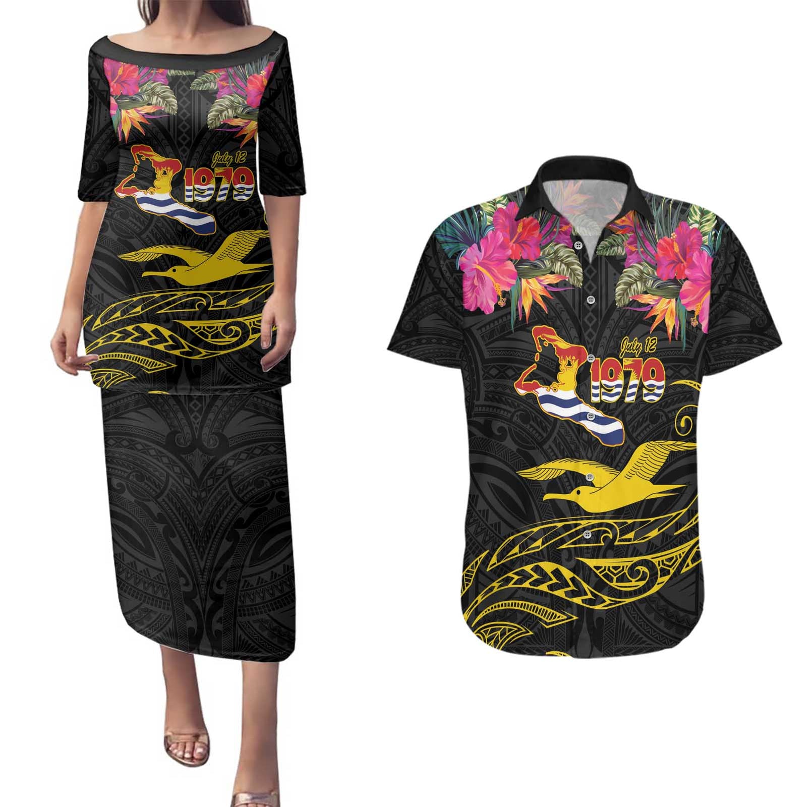 Kiribati Independence Day Personalised Couples Matching Puletasi and Hawaiian Shirt Gold Frigatebird with Polynesian Pattern LT9 Black - Polynesian Pride