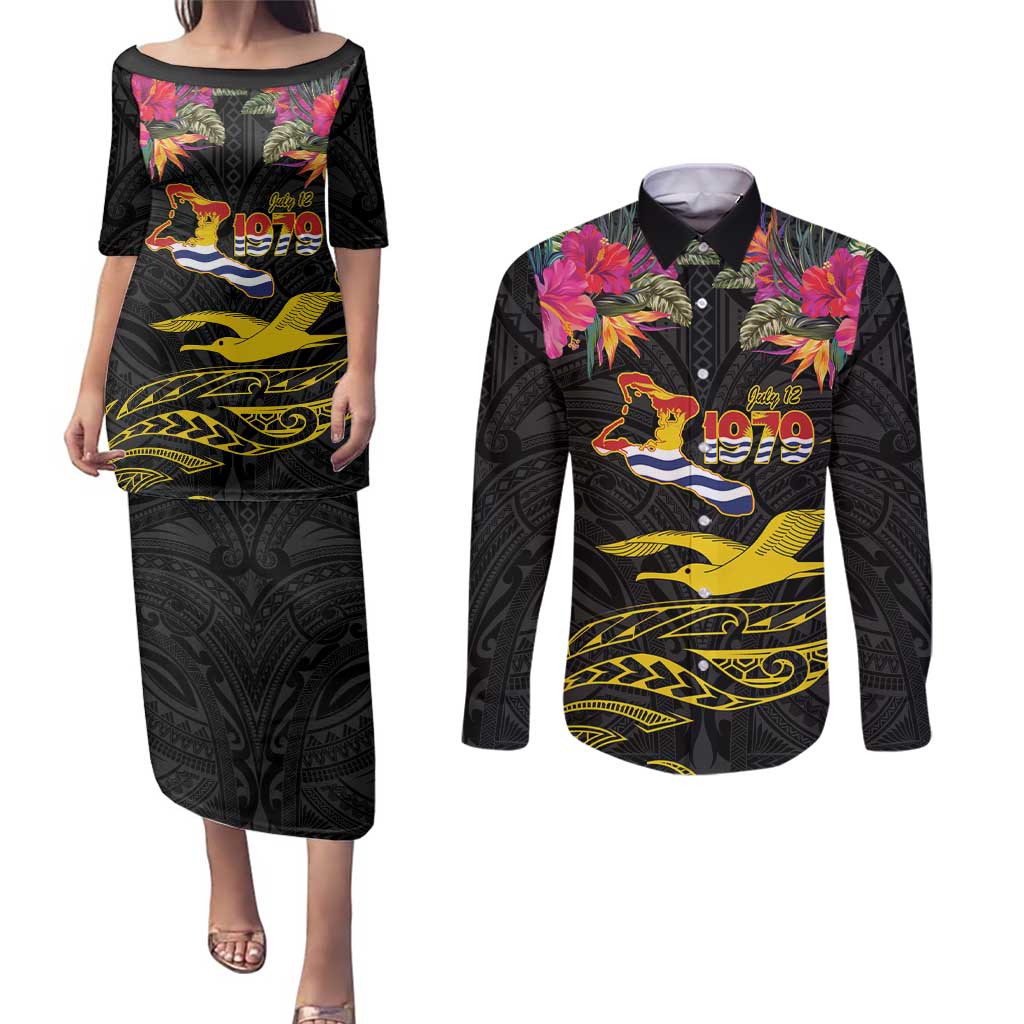Kiribati Independence Day Personalised Couples Matching Puletasi and Long Sleeve Button Shirt Gold Frigatebird with Polynesian Pattern LT9 Black - Polynesian Pride