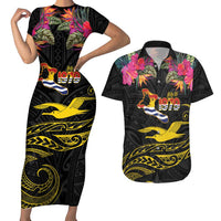 Kiribati Independence Day Personalised Couples Matching Short Sleeve Bodycon Dress and Hawaiian Shirt Gold Frigatebird with Polynesian Pattern LT9 Black - Polynesian Pride