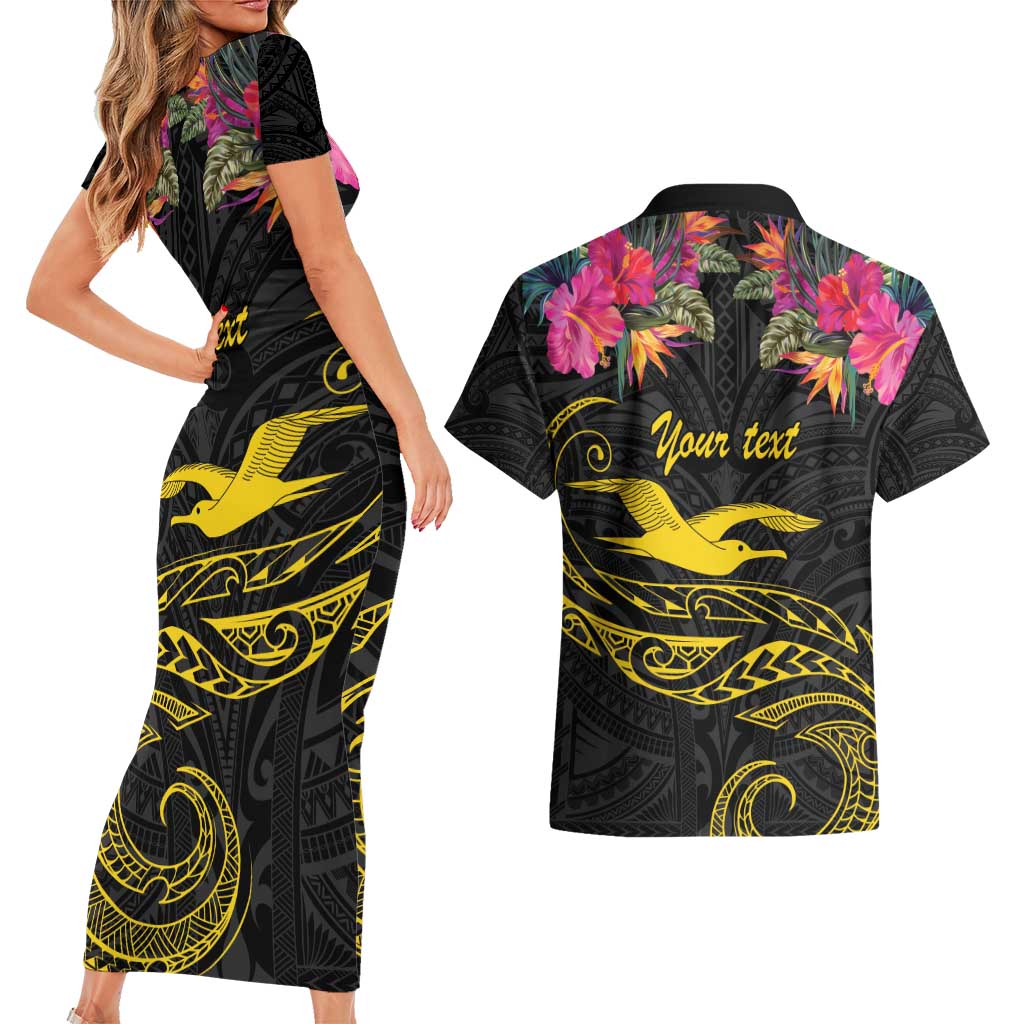 Kiribati Independence Day Personalised Couples Matching Short Sleeve Bodycon Dress and Hawaiian Shirt Gold Frigatebird with Polynesian Pattern LT9 - Polynesian Pride