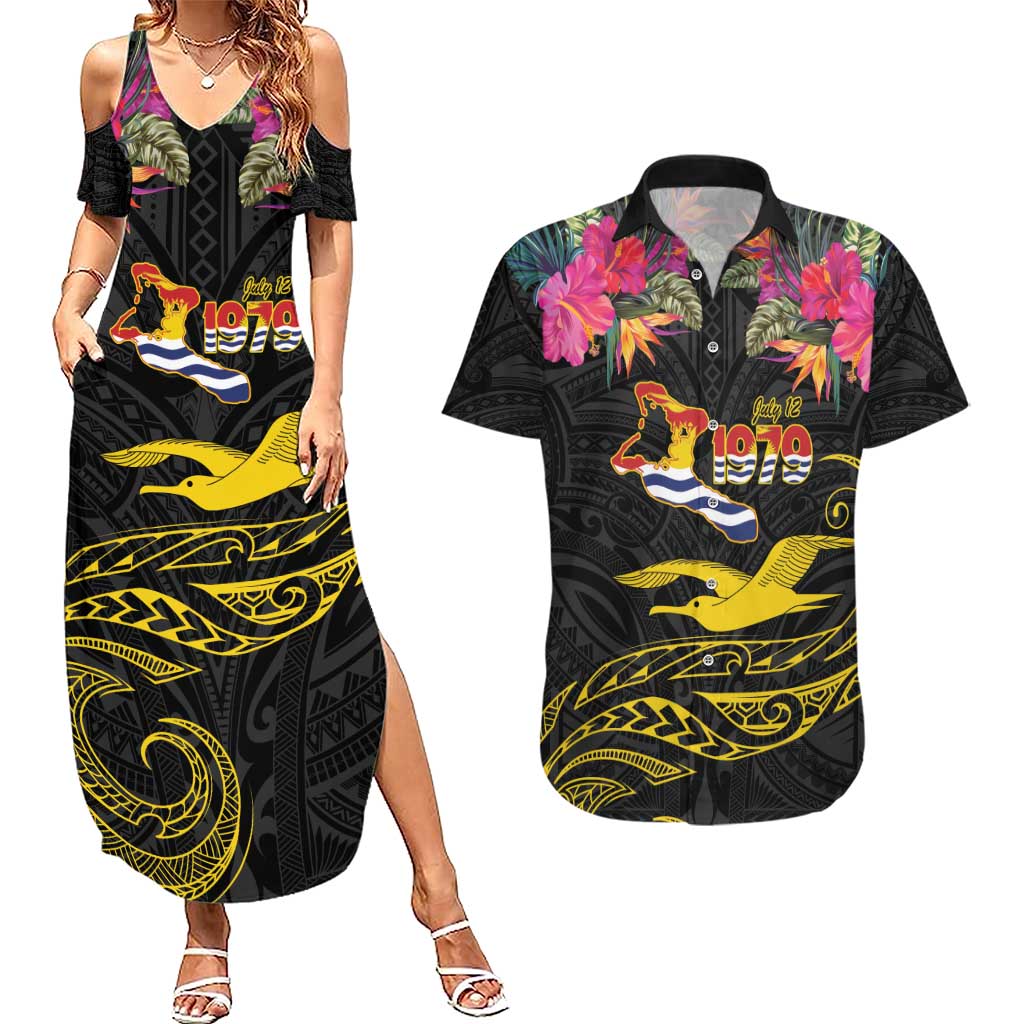 Kiribati Independence Day Personalised Couples Matching Summer Maxi Dress and Hawaiian Shirt Gold Frigatebird with Polynesian Pattern LT9 Black - Polynesian Pride