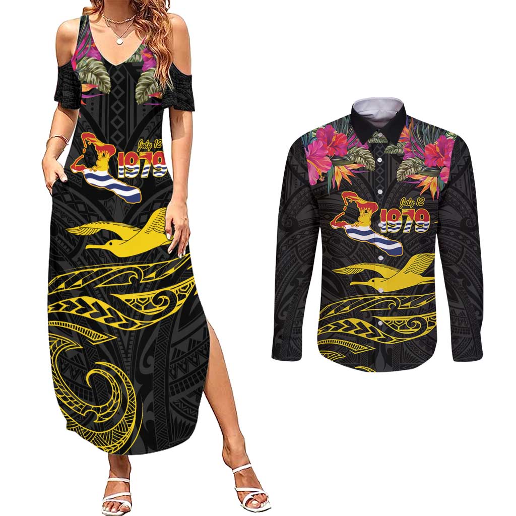 Kiribati Independence Day Personalised Couples Matching Summer Maxi Dress and Long Sleeve Button Shirt Gold Frigatebird with Polynesian Pattern LT9 Black - Polynesian Pride